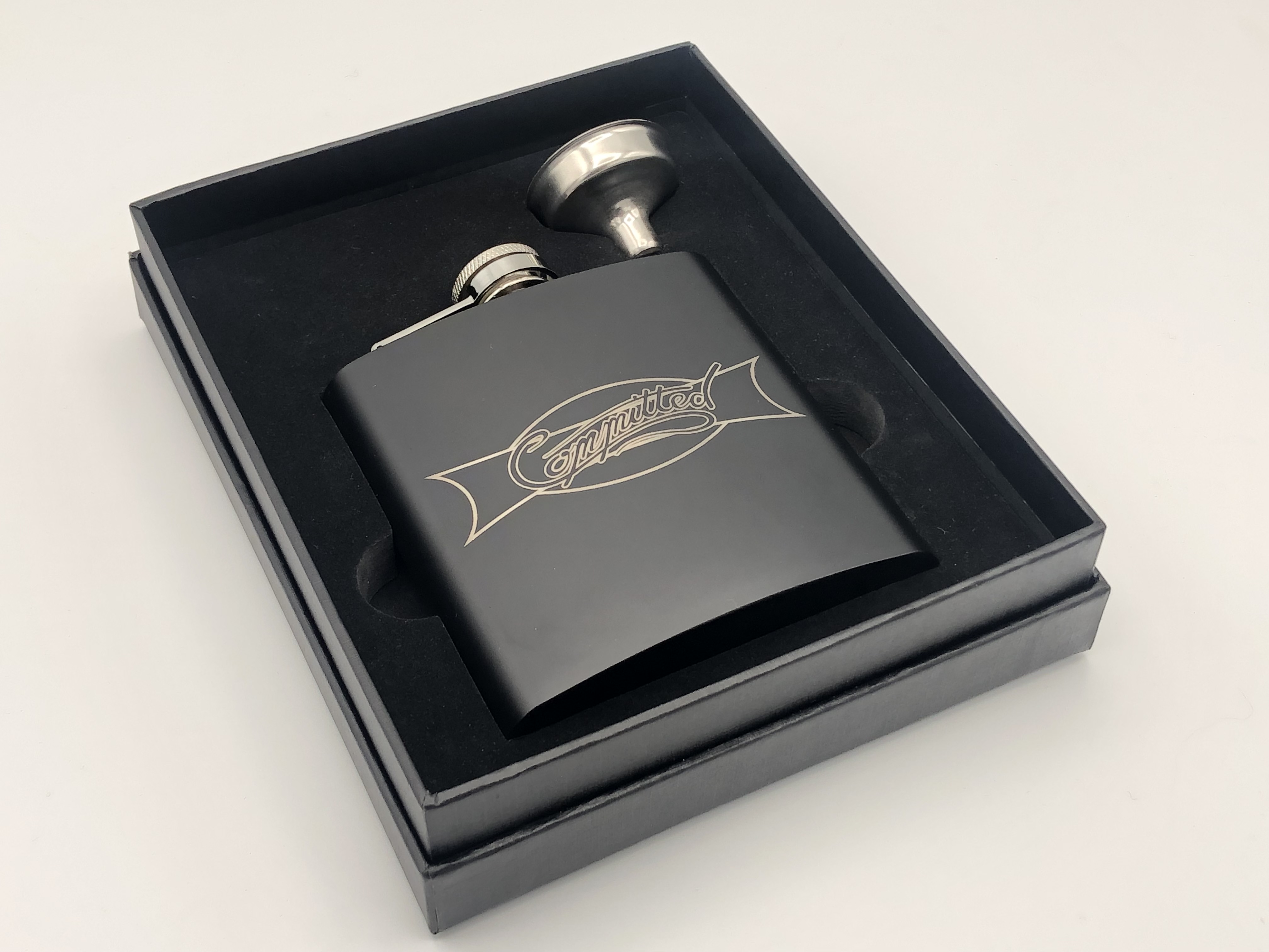 C - Engraved 6oz Matte Black Flask in Black Presentation Box