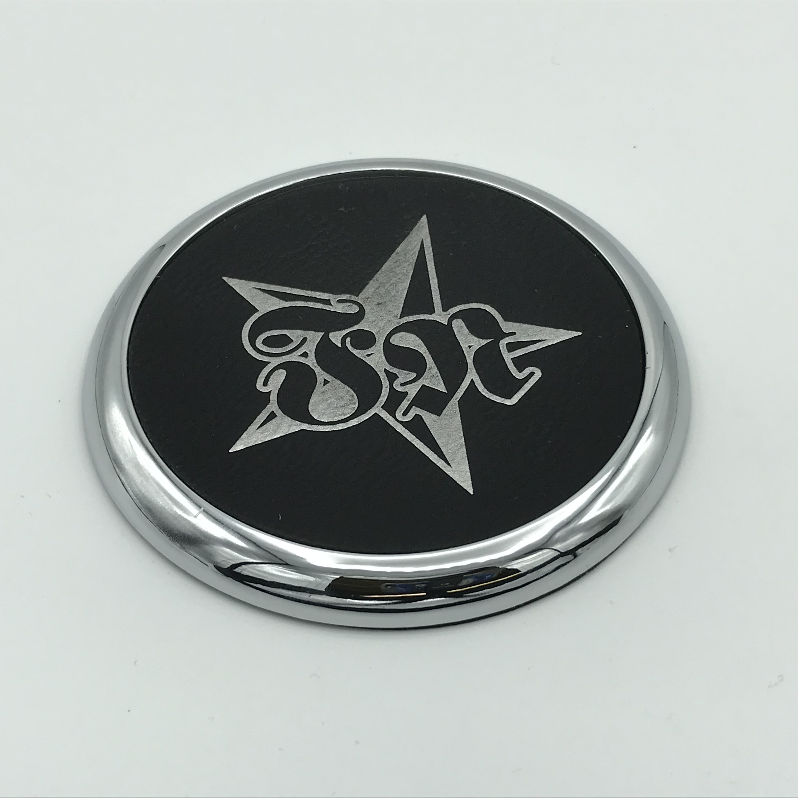 FON - Engraved Leatherette Round Coaster w/ Silver Edge