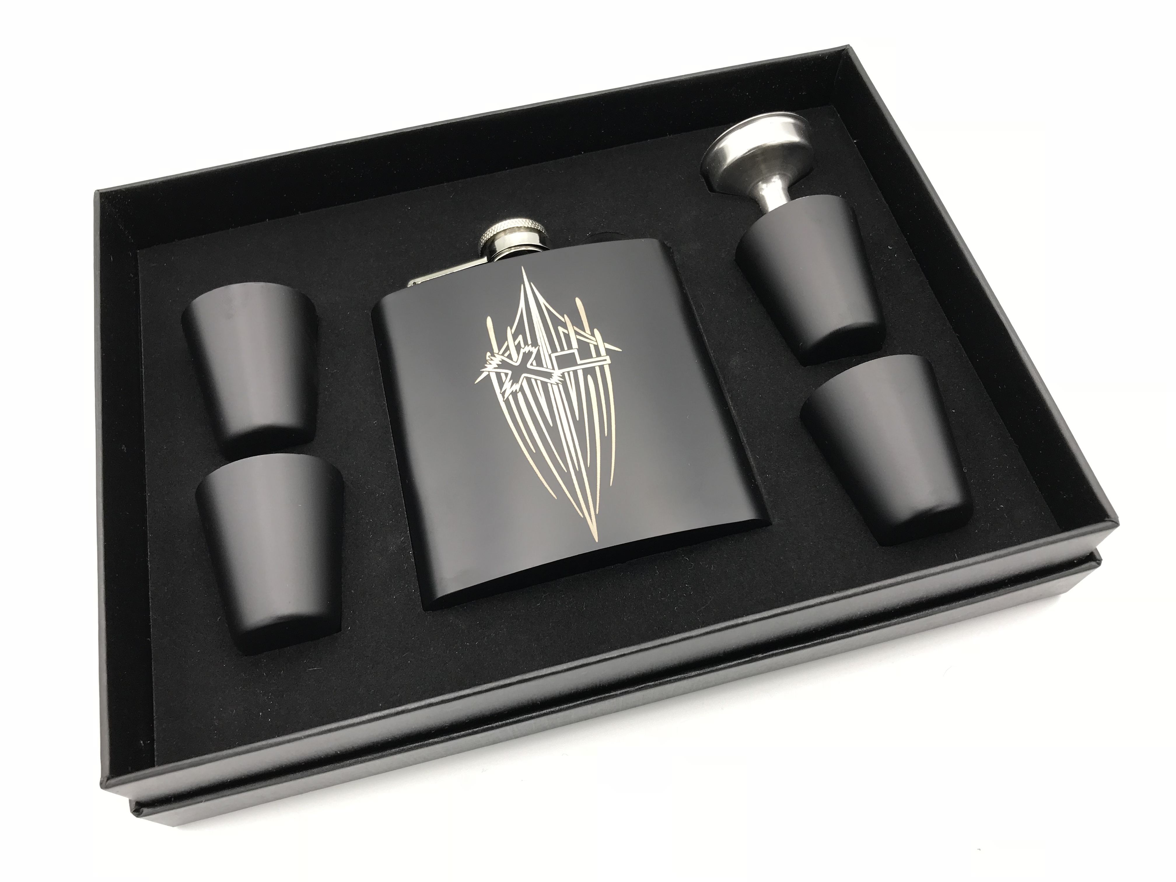 XL - Engraved 6oz Matte Black Flask Set - Black Presentation Box