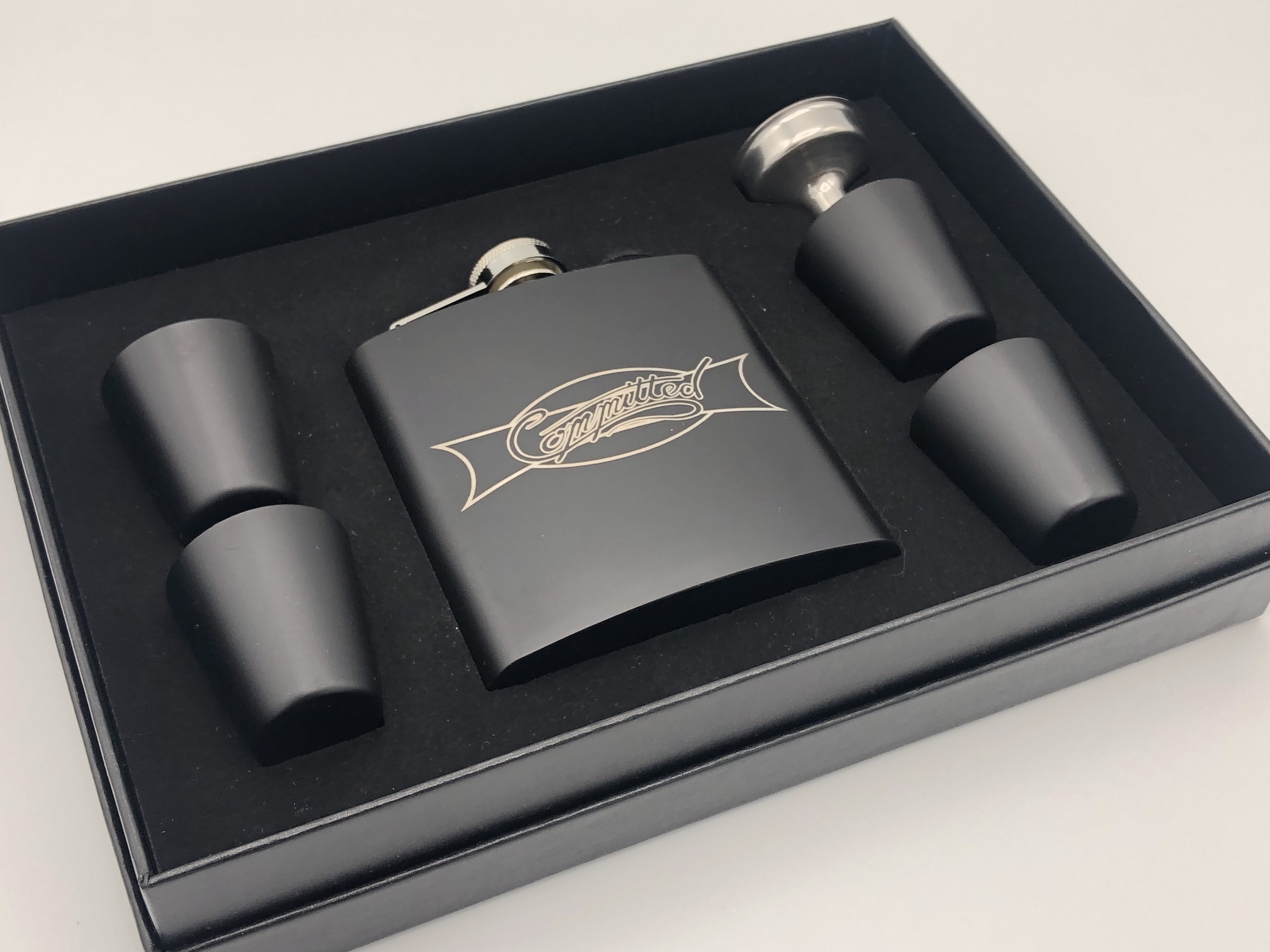 C - Engraved 6oz Matte Black Flask Set - Black Presentation Box