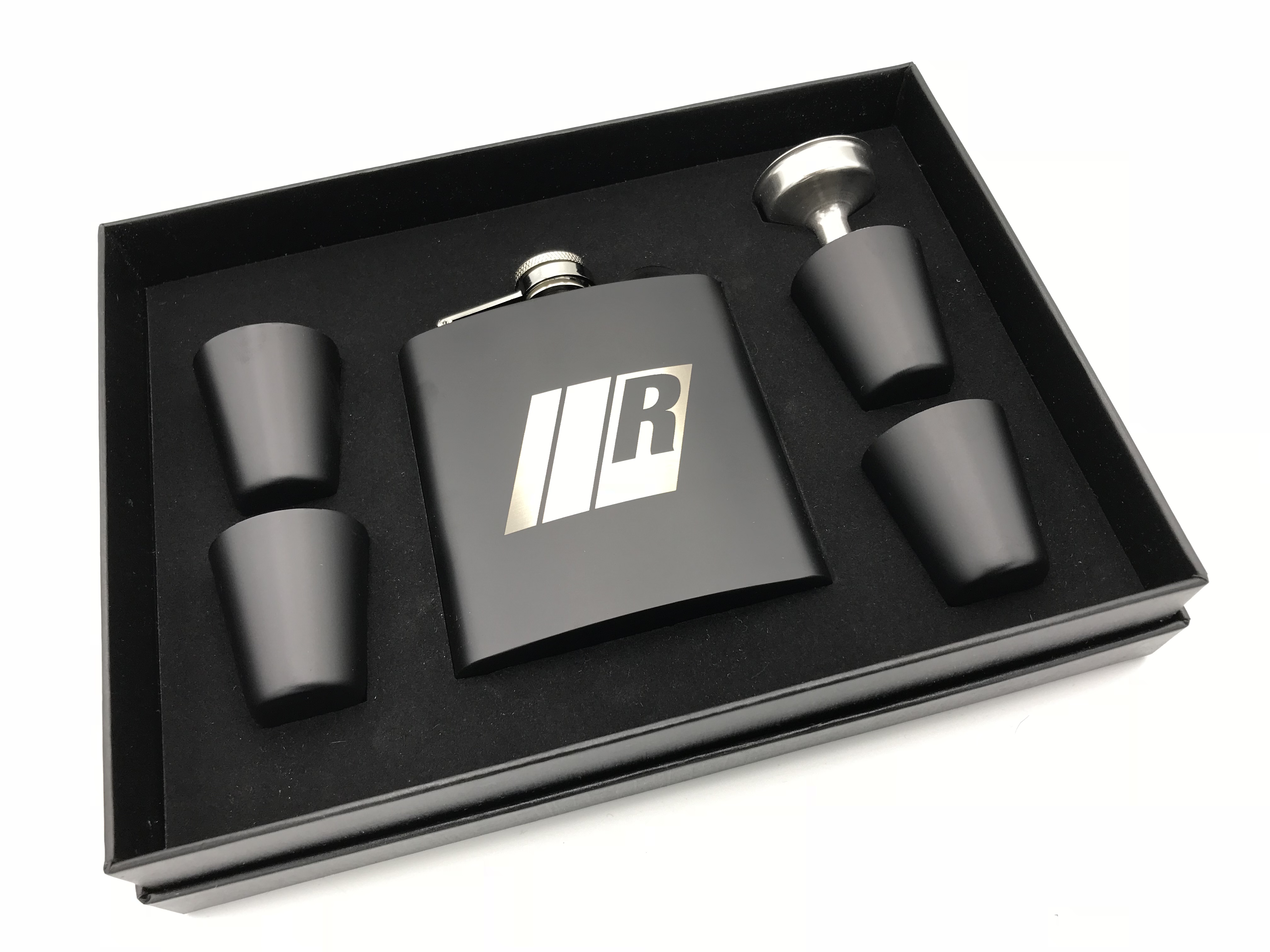 RA - Engraved 6oz Matte Black Flask Set - Black Presentation Box